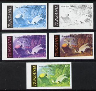Tanzania 1986 John Audubon Birds 10s (American Eider) set of 5 unmounted mint imperf progressive colour proofs incl all 4 colours (as SG 465)
