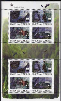 Comoro Islands 2009 WWF - Bats perf sheetlet containing 2 sets of 4 in se-tenant blocks unmounted mint