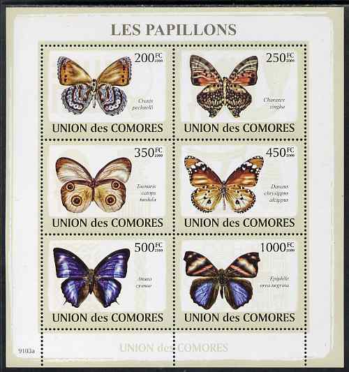 Comoro Islands 2009 Butterflies perf sheetlet containing set of 6 unmounted mint