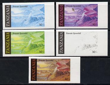 Tanzania 1986 John Audubon Birds 30s (Roseate Spoonbill) set of 5 unmounted mint imperf progressive colour proofs incl all 4 colours (as SG 467)