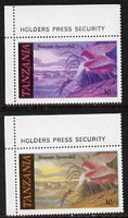 Tanzania 1986 John Audubon Birds 30s (Roseate Spoonbill) with yellow omitted, complete sheetlet of 8 plus normal sheet, both unmounted mint (as SG 467)