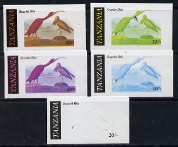Tanzania 1986 John Audubon Birds 20s (Scarlet Ibis) set of 5 unmounted mint imperf progressive colour proofs incl all 4 colours (as SG 466)