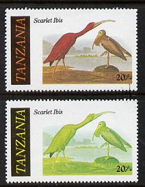 Tanzania 1986 John Audubon Birds 20s (Scarlet Ibis) with red omitted, complete sheetlet of 8 plus normal sheet, both unmounted mint (as SG 466)