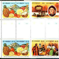 St Vincent 1986 500th Anniversary of Discovery of America (1st issue) perf set of 6 (3 se-tenant pairs) in se-tenant gutter pairs from uncut archive sheets (some ms markings) unmounted mint as SG 952-57