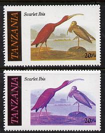 Tanzania 1986 John Audubon Birds 20s (Scarlet Ibis) with yellow omitted, complete sheetlet of 8 plus normal sheet, both unmounted mint (as SG 466)