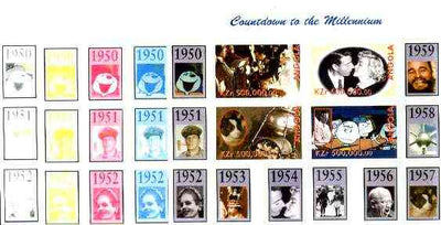 Angola 1999 Countdown to the Millennium #06 (1950-1959) sheetlet containing 4 values (Grace Kelly, Marilyn, Peanuts Cartoon & Laika,with Sputnik) the set of 5 imperf progressive proofs comprising various 2,3 & 4-colour combination……Details Below