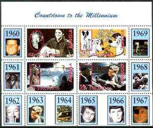Angola 1999 Countdown to the Millennium #07 (1960-1969) perf sheetlet containing 4 values (Elvis, Marilyn,101 Dalmations, J Dean, 007 James Bond, King & Kennedy) unmounted mint