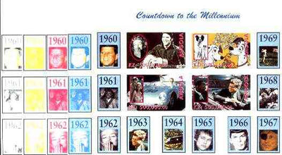 Angola 1999 Countdown to the Millennium #07 (1960-1969) sheetlet containing 4 values (Elvis, Marilyn,101 Dalmations, J Dean, 007 James Bond, King & Kennedy) the set of 5 imperf progressive proofs comprising various 2, 3 & 4-colour……Details Below