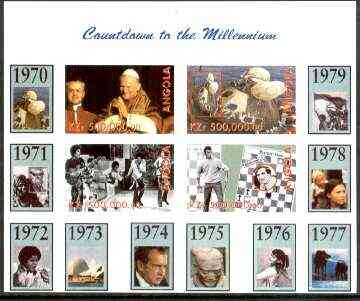 Angola 1999 Countdown to the Millennium #08 (1970-1979) imperf sheetlet containing 4 values (Pope John Paul II, Apollo 13, Jackson 5, Chess & Tony Jacklin) unmounted mint