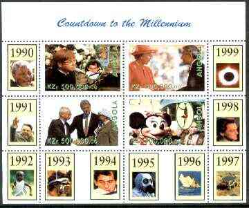Angola 1999 Countdown to the Millennium #10 (1990-1999) perf sheetlet containing 4 values (Elton John & Diana, Senna, Euro-Disney, Queen & Peace in Middle East) unmounted mint