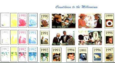 Angola 1999 Countdown to the Millennium #10 (1990-1999) sheetlet containing 4 values (Elton John & Diana, Senna, Euro-Disney, Queen & Peace in Middle East) the set of 5 imperf progressive proofs comprising various 2,3 & 4-colour c……Details Below