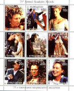 Kyrgyzstan 1999 Academy Awards perf sheetlet containing complete set of 9 values (Shakespeare in Love, Spielberg, Judi Dench, etc) unmounted mint