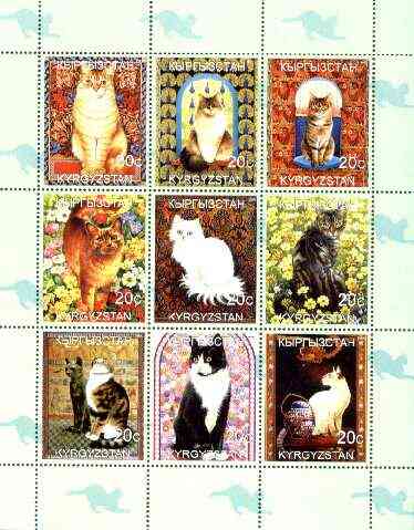 Kyrgyzstan 1999 Domestic Cats perf sheetlet containing complete set of 9 values unmounted mint