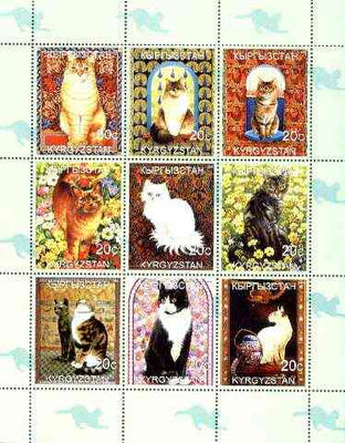 Kyrgyzstan 1999 Domestic Cats perf sheetlet containing complete set of 9 values unmounted mint