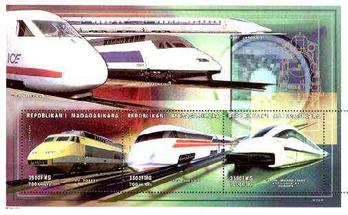 Madagascar 1999 Railways (Modern) perf souvenir sheet containing 3 values unmounted mint