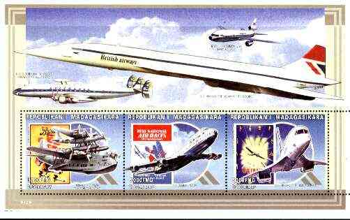 Madagascar 1999 Aircraft (Concorde, Flying Boat, etc) perf souvenir sheet containing 3 values unmounted mint