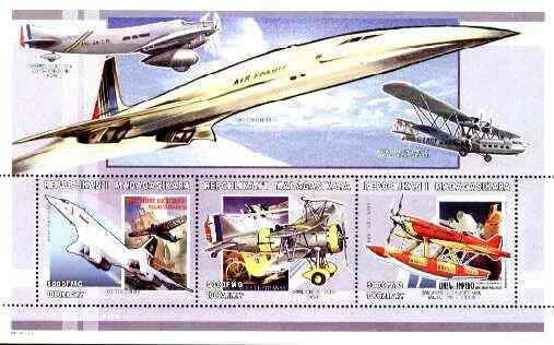 Madagascar 1999 Aircraft (Concorde, HP, Curtiss, etc) perf souvenir sheet containing 3 values unmounted mint