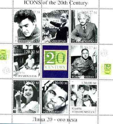 Turkmenistan 1999 Icons of the 20th Century #1 perf sheetlet containing set of 8 values,(Elvis, Einstein, Ali, Beatles etc) unmounted mint