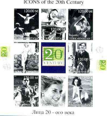 Turkmenistan 1999 Icons of the 20th Century #2 imperf sheetlet containing set of 8 values,(Mother Teresa, C Chaplin, Marilyn, Diana etc) unmounted mint