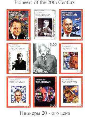 Tadjikistan 1999 Pioneers of the 20th Century imperf sheetlet containing set of 9 values,(Einstein, Sikorsky, Picasso, G B Shaw, etc) unmounted mint