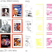 Tadjikistan 1999 Pioneers of the 20th Century sheetlet containing set of 9 values,,the set of 5 imperf progressive proofs comprising the 4 individual colours plus all 4-colour composite