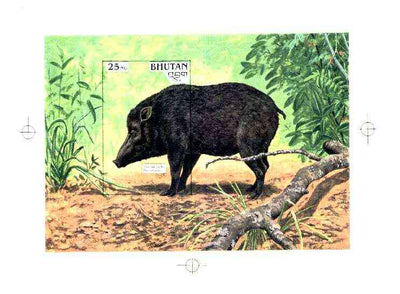 Bhutan 1990 Endangered Wildlife - Intermediate stage computer-generated artwork (as submitted for approval) for 25nu m/sheet (Pygmy Hog) 200 x 140 mm similar to issued design but lettering different, ex Government archives and pro……Details Below