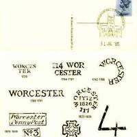 Postcard of Postal Markings of Worcester (1720-1844) used with illustrated Worcester Philatelic Counter cancel (Midlands Postal Board Card MPB 17)