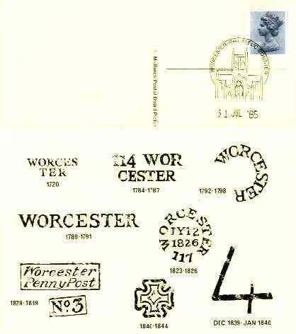 Postcard of Postal Markings of Worcester (1720-1844) used with illustrated Worcester Philatelic Counter cancel (Midlands Postal Board Card MPB 17)