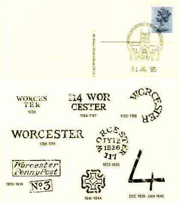 Postcard of Postal Markings of Worcester (1720-1844) used with illustrated Worcester Philatelic Counter cancel (Midlands Postal Board Card MPB 17)
