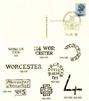 Postcard of Postal Markings of Worcester (1720-1844) used with illustrated Worcester Philatelic Counter cancel (Midlands Postal Board Card MPB 17)