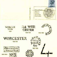 Postcard of Postal Markings of Worcester used with illustrated 'Historic Worcester Postmarks' first day cancel (Midlands Postal Board Card MPB 17)