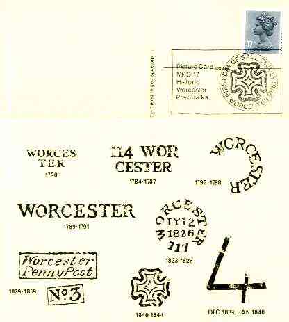 Postcard of Postal Markings of Worcester used with illustrated 'Historic Worcester Postmarks' first day cancel (Midlands Postal Board Card MPB 17)