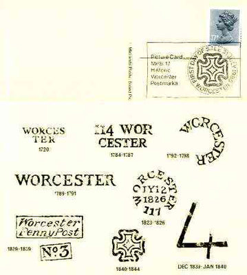 Postcard of Postal Markings of Worcester used with illustrated 'Historic Worcester Postmarks' first day cancel (Midlands Postal Board Card MPB 17)