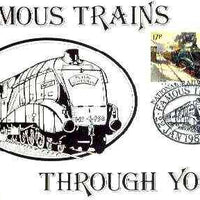 Postcard of Famous Trains Through York (Flying Scotsman) bearing 'Flying Scotsman' stamp with illustrated 'National Railway Museum' cancel