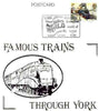 Postcard of Famous Trains Through York (Flying Scotsman) bearing 'Flying Scotsman' stamp with illustrated 'York Station Rail Riders World' cancel