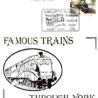 Postcard of Famous Trains Through York (Flying Scotsman) bearing 'Flying Scotsman' stamp with illustrated 'York Station Rail Riders World' cancel