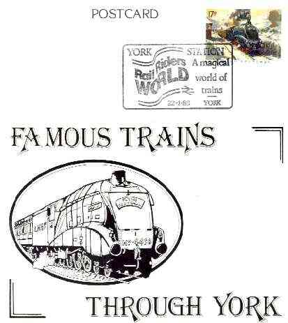 Postcard of Famous Trains Through York (Flying Scotsman) bearing 'Flying Scotsman' stamp with illustrated 'York Station Rail Riders World' cancel