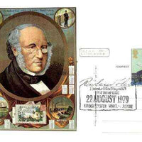 Postcard of Sir Rowland Hill (in colour) bearing Rowland Hill stamp with special illustrated first day cancel (Wyre Forest District Council card)