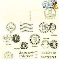 Postcard of Postal Markings of Worcester (1844-1983) used with illustrated Worcester Philatelic Counter cancel (insc Worcester Head Post Office)