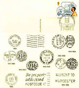 Postcard of Postal Markings of Worcester (1844-1983) used with illustrated Worcester Philatelic Counter cancel (insc Worcester Head Post Office)