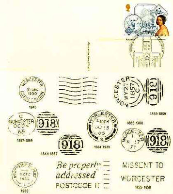 Postcard of Postal Markings of Worcester (1844-1983) used with illustrated Worcester Philatelic Counter cancel (insc Worcester Head Post Office)