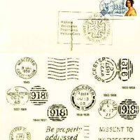 Postcard of Postal Markings of Worcester (1844-1983) used with illustrated 'Historic Worcester Postmarks' first day cancel (insc Worcester Head Post Office)