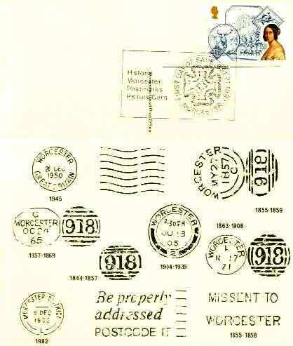 Postcard of Postal Markings of Worcester (1844-1983) used with illustrated 'Historic Worcester Postmarks' first day cancel (insc Worcester Head Post Office)