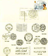 Postcard of Postal Markings of Worcester (1844-1983) used with illustrated 'Historic Worcester Postmarks' first day cancel (insc Worcester Head Post Office)