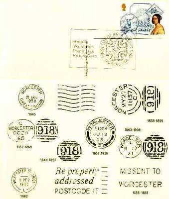 Postcard of Postal Markings of Worcester (1844-1983) used with illustrated 'Historic Worcester Postmarks' first day cancel (insc Worcester Head Post Office)