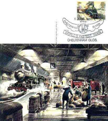 Postcard of Cheltenham Flyer (PO picture card SWPR 26) used with special illustrated first day cancel