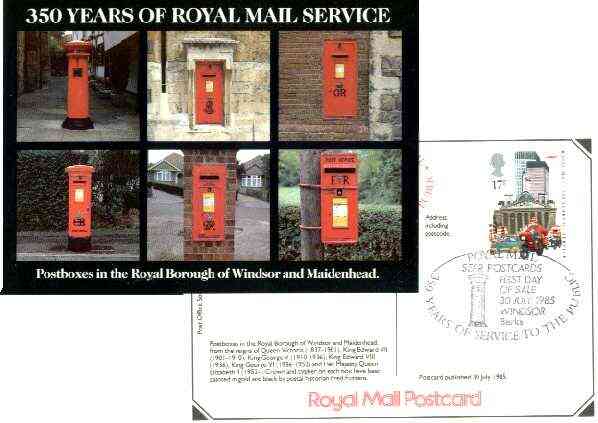 Postcard of Windsor Postboxes (PO SE Region picture card SEPR 44) bearing 350th Anniversary stamp (Motorcyclist) with illustrated Windsor first day cancel