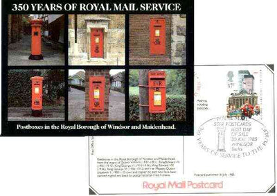 Postcard of Windsor Postboxes (PO SE Region picture card SEPR 44) bearing 350th Anniversary stamp (Motorcyclist) with illustrated Windsor first day cancel
