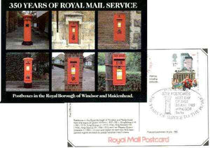 Postcard of Windsor Postboxes (PO SE Region picture card SEPR 44) bearing 350th Anniversary stamp (Motorcyclist) with illustrated Windsor first day cancel