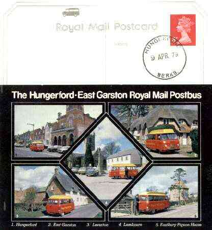 Postcard of Hungerford-East Garston Postbus (PO picture card SEPR 8/2) used with Hungerford first day cancel
